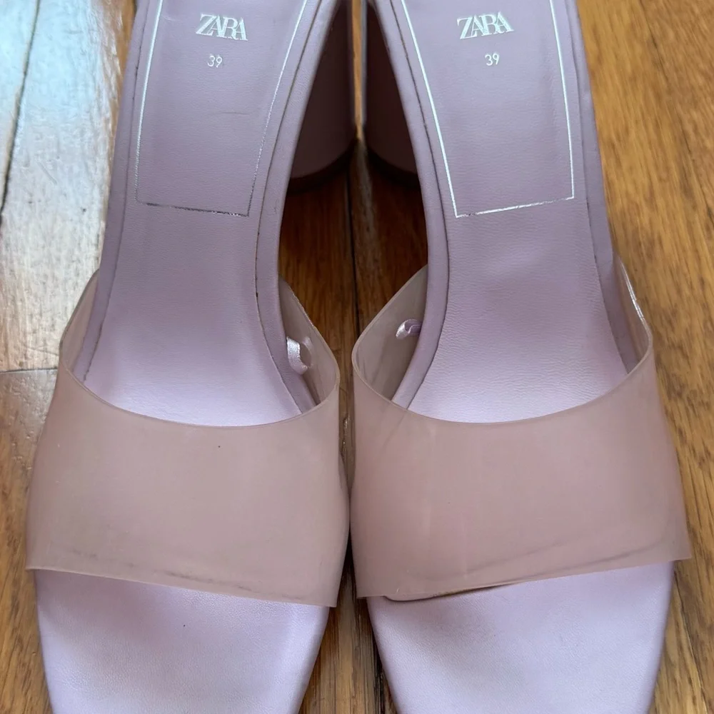 Zara Blush pink translucent front square toe block Heel sandals wedge, size 8.5